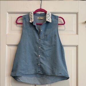Blue Sleeveless Denim Top with Lace Collar